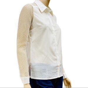 White Button Down Long Sleeve Mesh Fishnet Back Panel Blouse Shirt NEW